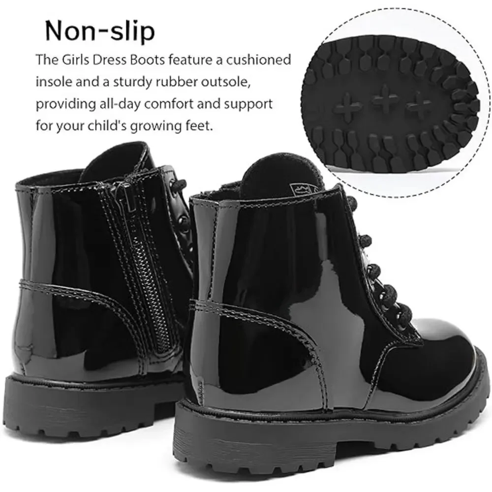 Girls Size 10 Black Patent Leather Lace Up Size Zip Ankle Combat Dressy Boots